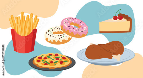 A collection of delicious and unhealthy fast foods shown together.