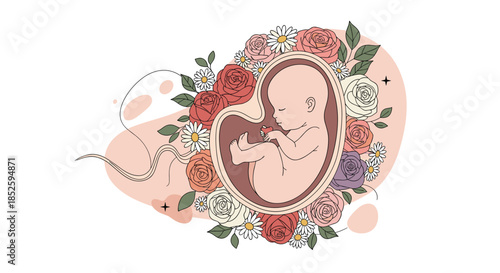 A beautifully illustrated depiction of a developing fetus surrounded by a delicate floral wreath symbolizing new life and pregnancy.