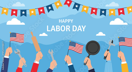 Celebrating labor day with patriotic symbols and tools of the trade.
