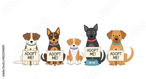 Five adorable puppies holding signs that say adopt me waiting for loving homes.