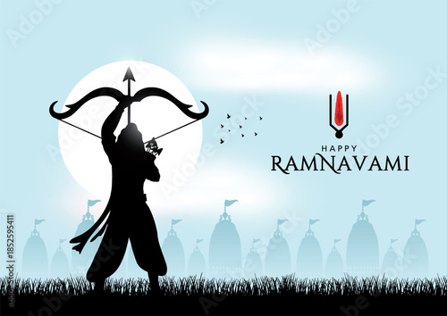 Happy Ram Navami Vector Background Design with Silhouette Lord Rama Illustration