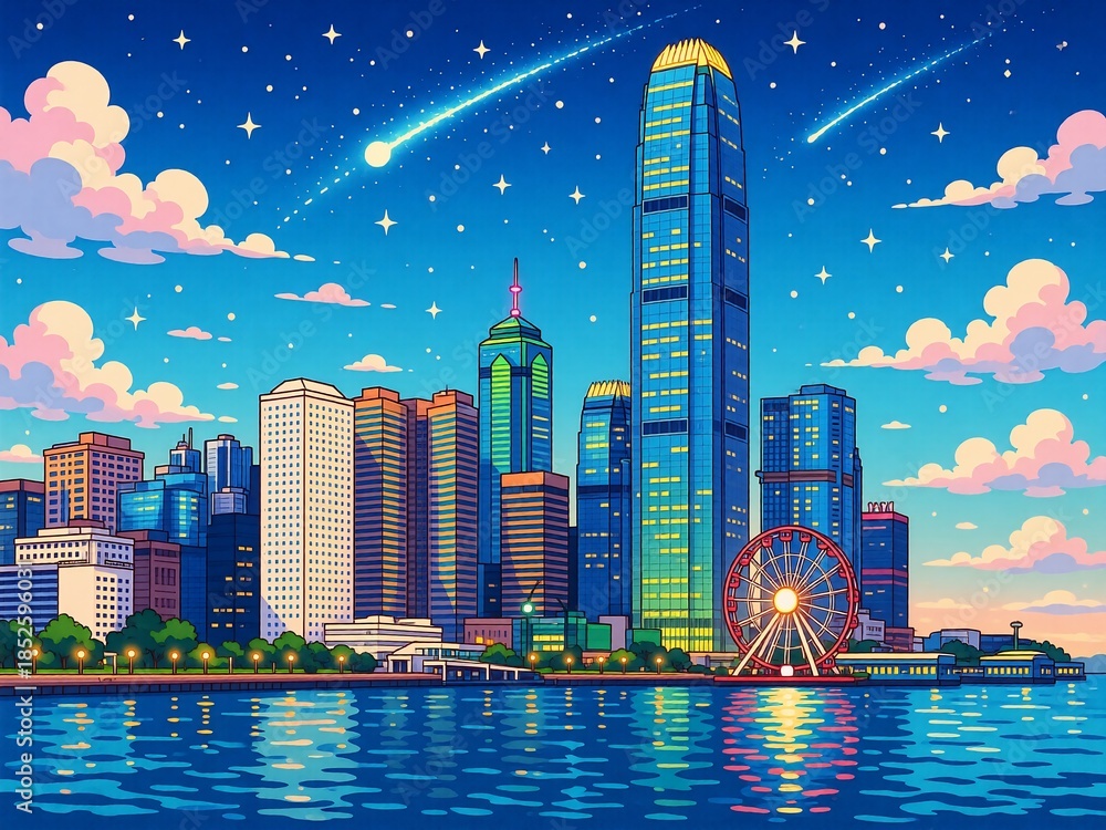 Fototapeta premium Vibrant anime Hong Kong cityscape at night. Tall buildings, a Ferris wheel, and shooting stars sparkle over the tranquil harbor.