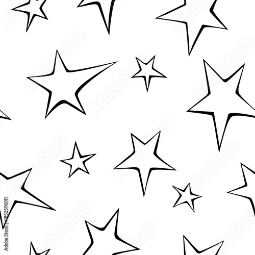 Seamless pattern of outline stars in doodle style. Simple background and texture on theme of night sky, space, astronomy, kids design
