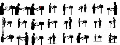 Collection of black silhouettes depicting individuals sending and receiving mail using classic American curbside mailboxes and envelopes.