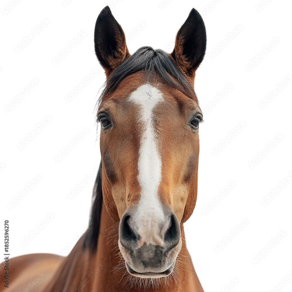 Obraz premium PNG of Close-up of a beautiful brown horse with a white stripe on its face, showcasing its expressive eyes.