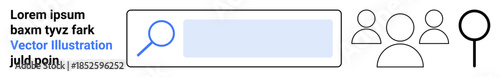 Online search, user interface, networking, people connection, team management, web navigation. Magnifying glass on a search bar, human outlines nearby. Online search and user interface concept