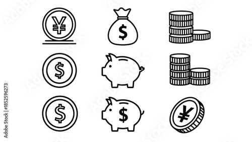 Financial icons including money bags, coins, and piggy banks for saving and investment
