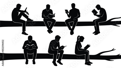 Silhouettes of people reading books sitting on tree branches in a serene setting