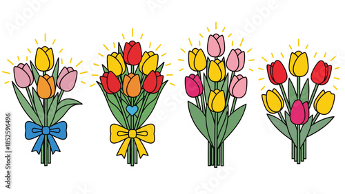 Colorful tulip bouquets with bows on a pink background, flowers and gifts