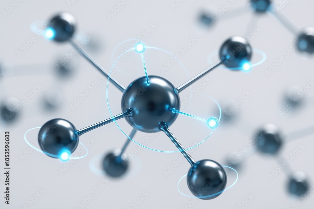 Obraz premium Abstract molecular structure representing advanced science and innovation in chemistry and physics. Concept of connectivity, research, and technology progress.