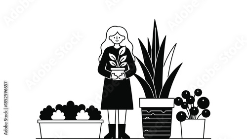 Woman holding plant surrounded by potted plants in a simple black and white illustration