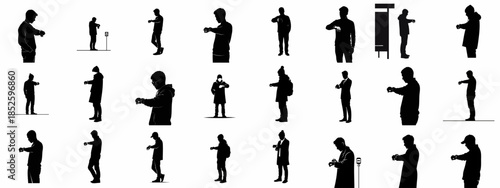 Foto Silhouettes of men checking time on their watches: set of diverse vector graphics illustrating waiting, punctuality, and time management