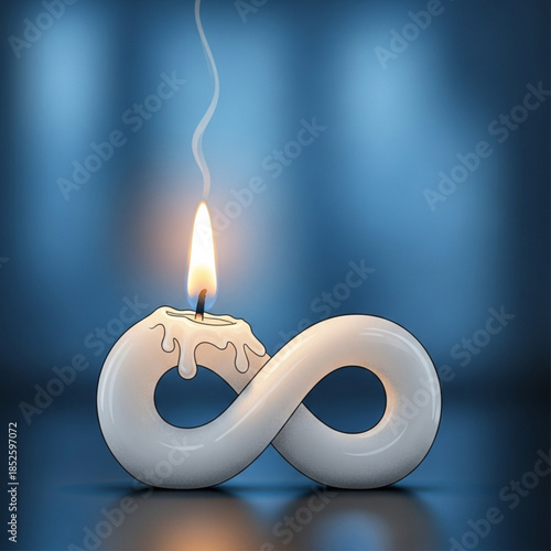 Infinity symbol candle burning concept of eternal time or endlessness melting wax with smoke on blue background