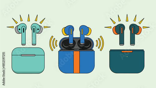 Colorful wireless earbuds and charging cases in blue, orange, and teal hues