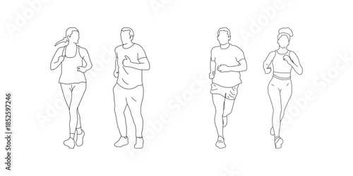 Set of man and women outlines isolated on light background. Sitting, walking, running.