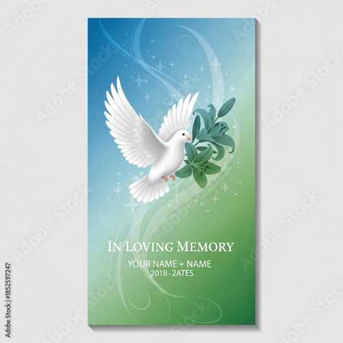 White dove carrying green leaves in loving memory design with sparkling light effects symbolizing peace and remembrance