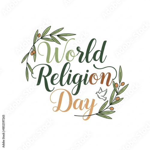 World Religion Day text with olive branches and dove celebrating diversity and peace isolated on white background