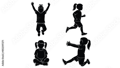 Silhouettes of happy children playing, running, jumping, and sitting in various poses