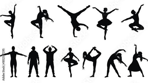 Silhouettes of dancers and performers in various poses and movements on white background