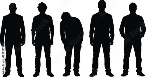 Standing male silhouettes collection, different body postures and attitudes, isolated black human figures, modern vector illustration set for design
