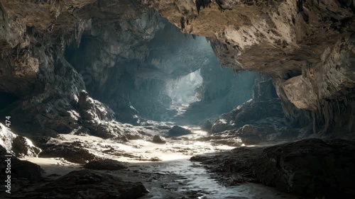 4K Mysterious dark cave interior with sunlight streaming through the entrance, illuminating a rocky, wet path leading deeper into the cavern video