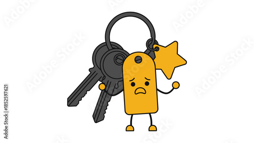 Angry cartoon keychain with keys and star shaped charm looking frustrated and upset