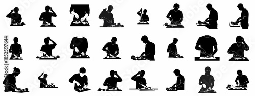 Black vector silhouettes illustrating various ways people chop and slice fresh vegetables on cutting boards for cooking or food preparation.