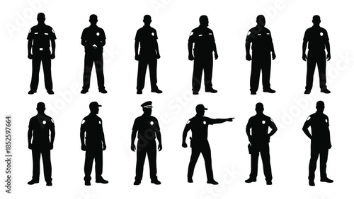 Police officers in various poses and uniforms silhouettes against white background