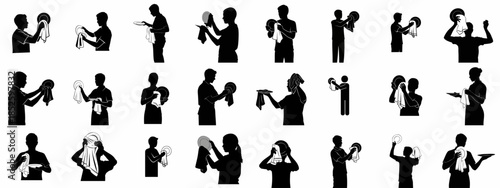 People Drying Dishes Silhouettes Vector Set. Icons of individuals cleaning and polishing plates with kitchen towels, showing domestic work.