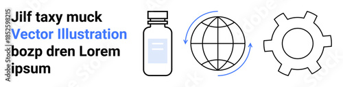 Bottle for science, rotating globe with arrows, and gear for industry. Ideal for technology, science, healthcare, global trade, innovation, manufacturing simple landing page