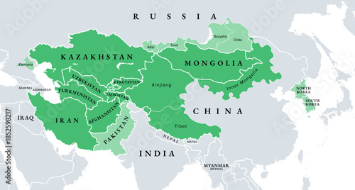 Inner Asia, political map, historical region highlighted in green, and sometimes included regions in lighter green. Spanning North, Central, and East Asia, including parts of China and Siberia. Vector