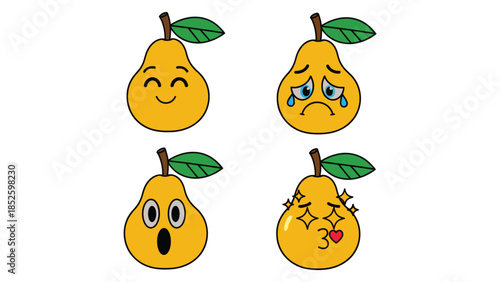 Four cartoon pears with different happy and sad emoticon faces expressions