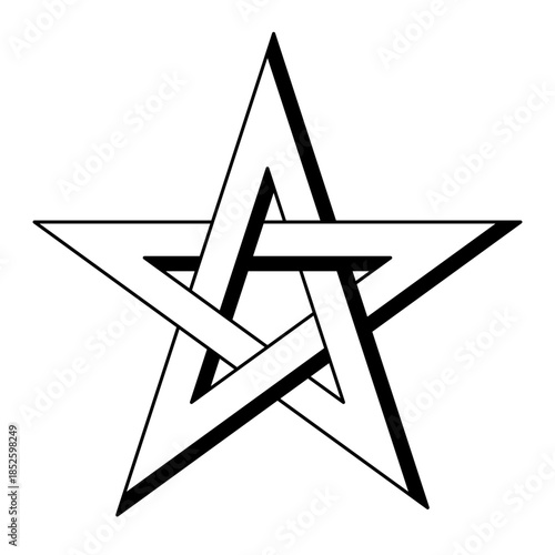 Interlaced pentagram, left-handed version of a five-pointed star with shadow effect. Sometimes known as pentalpha, pentangle, or star pentagon. From Greek word pentagrammon, meaning five lines. Vector