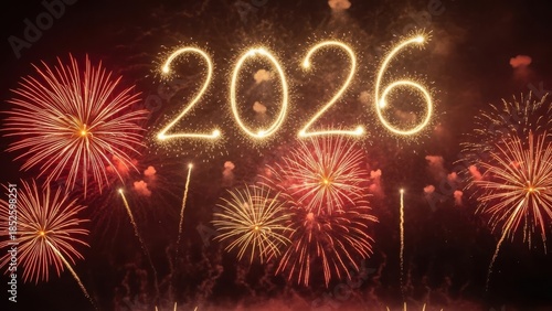 Spectacular fireworks illuminate the night sky celebrating the arrival of 2026 with dazzling light