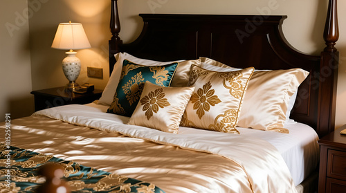 Bed with silk sheets and decorative pillows in elegant bedroom
