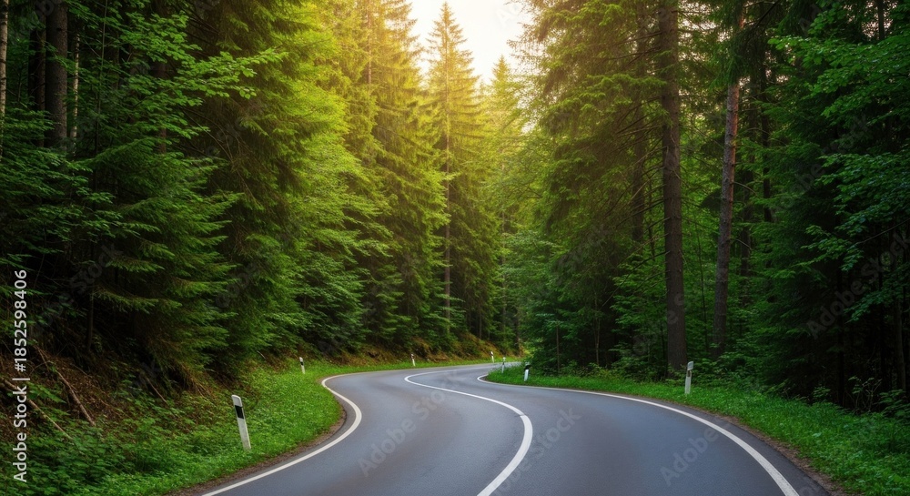 Obraz premium A winding road through a dense forest with sunlight filtering through the trees.