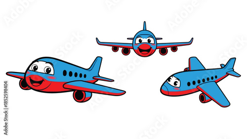 Three cartoon airplanes flying in formation with smiling faces and bright colors