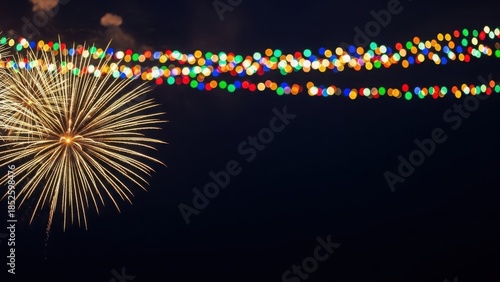 Dazzling golden fireworks illuminating the night sky with vibrant festive bokeh lights for christmas and new year festival celebrations.