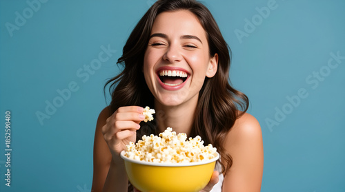 Woman laughing while holding bowl of popcorn in joyful moment