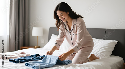 Woman folding pajamas on bed in cozy bedroom