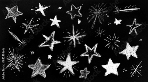 hand drawn star doodles, chalk star illustration, sketchy stars on black
