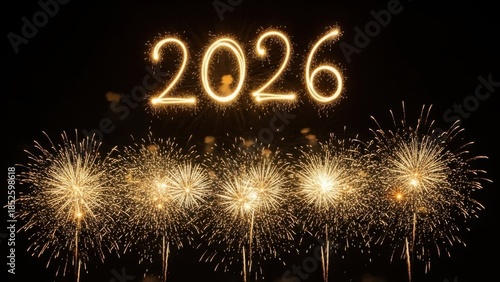 A bright firework explosion lights up the black night sky during a happy New Year 2026 celebration festival event