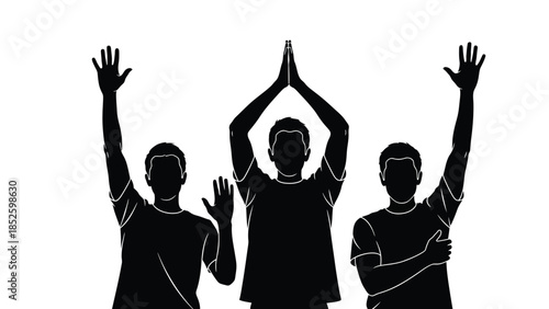 Three black silhouettes of men with hands raised in different gestures on white background