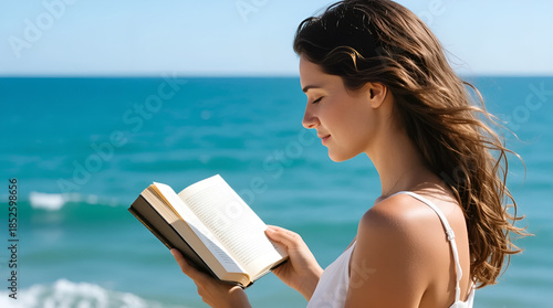 Woman reading a book by the ocean enjoying serene moment
