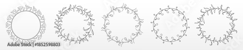 Floral monogram wreaths set isolated on white. Vector illustration of elegant hand drawn circles decorated with flowers and leaves, botanical frame for wedding, invitation, holiday card or logo design