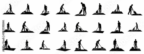 Collection of black vector silhouettes depicting people using different types of vacuum cleaners to clean carpets and rugs, isolated on a white background.
