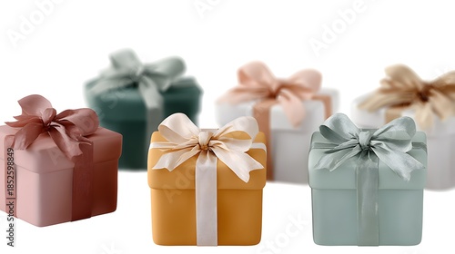 Group of colorful 3D gift boxes with silk ribbons on a white background for holiday celebration and shopping concept