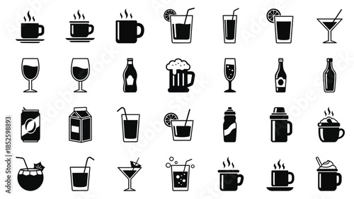 Collection of various drink icons in black and white, coffee, cocktails, beer, wine