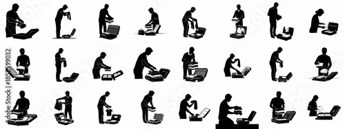 Vector Silhouettes of People Packing Luggage and Suitcases with Clothes, Ready for Travel, Vacation, or Business Trip.