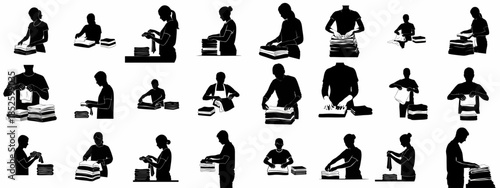 Silhouettes of people folding clothes and stacking neat piles of laundry, isolated black and white icons showing household chores or retail tasks.